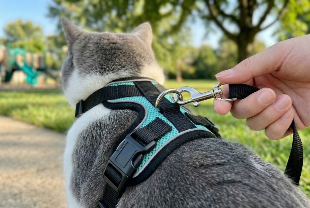 Close-up detail of a teal and black adjustable cat harness, highlighting the durable metal D-ring and the secure silver leash clasp being attached by a pet owner.