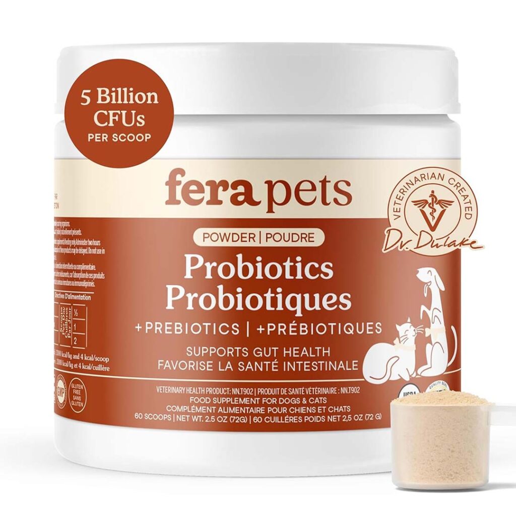 Fera Pet Organics advanced probiotics with prebiotics powder, a premium holistic choice for the best probiotics for cats.