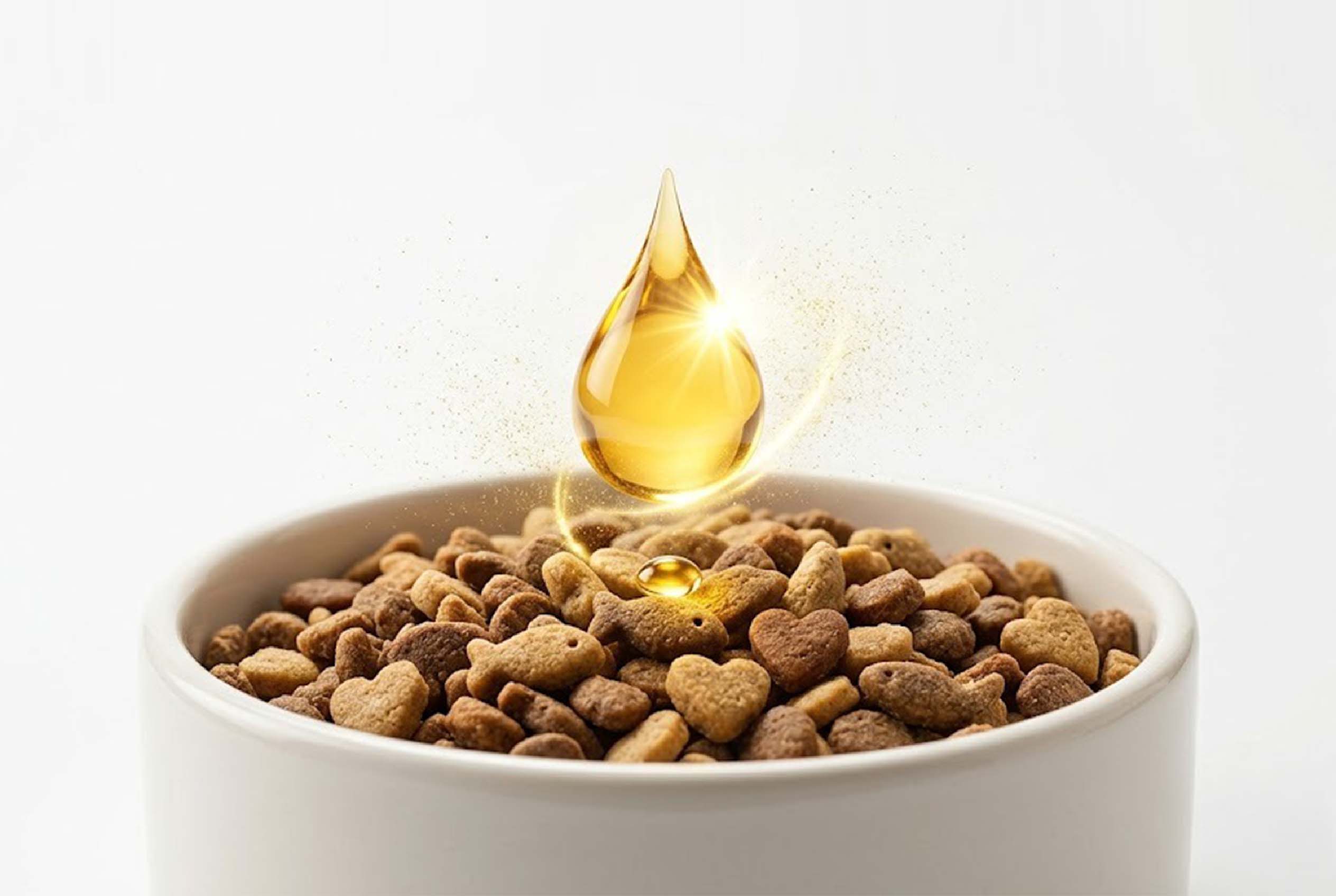 A glowing, golden drop of premium salmon oil for cats suspended over a white bowl filled with dry cat food kibble.
