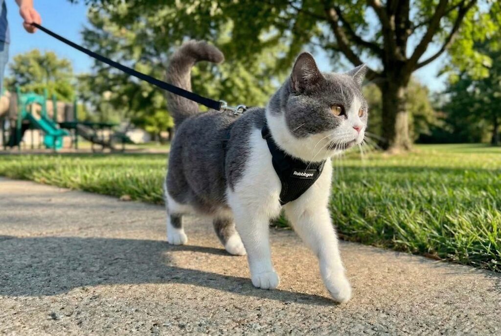 A grey and white cat walking confidently outdoors wearing a black Rabbitgoo escape-proof cat harness on a sunny day.