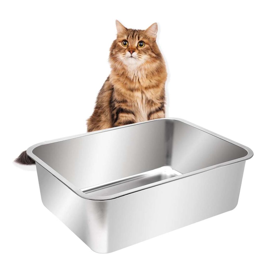 Kichwit extra large stainless steel cat litter box product image, showing the deep standard basin design with safe rounded edges and anti-slip feet on polished wood flooring.