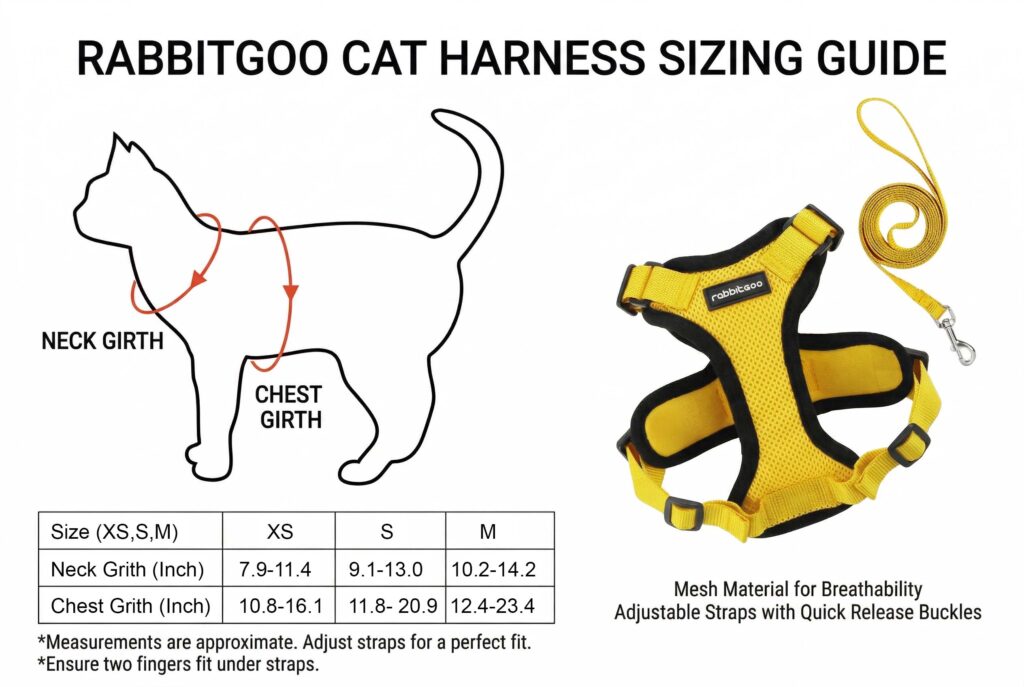 A sizing guide for the Rabbitgoo Cat Harness. The left side features a diagram of a cat showing how to measure neck and chest girth, above a sizing chart for Small, Medium, and Large sizes in inch. The right side displays the yellow mesh harness and leash, with text highlighting its breathable mesh material and adjustable straps with quick-release buckles.