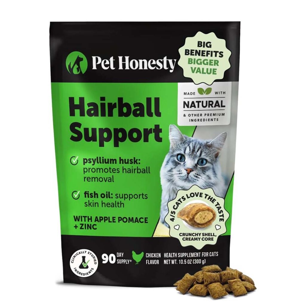 Pet Honesty Hairball Support crunchy treats with psyllium husk, listed as a top relief solution for cats in 2026.