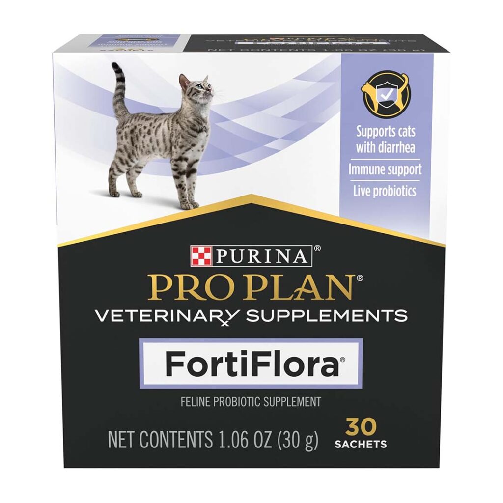 Purina Pro Plan FortiFlora nutritional supplement powder, rated as one of the best probiotics for cats with acute diarrhea and picky appetites.