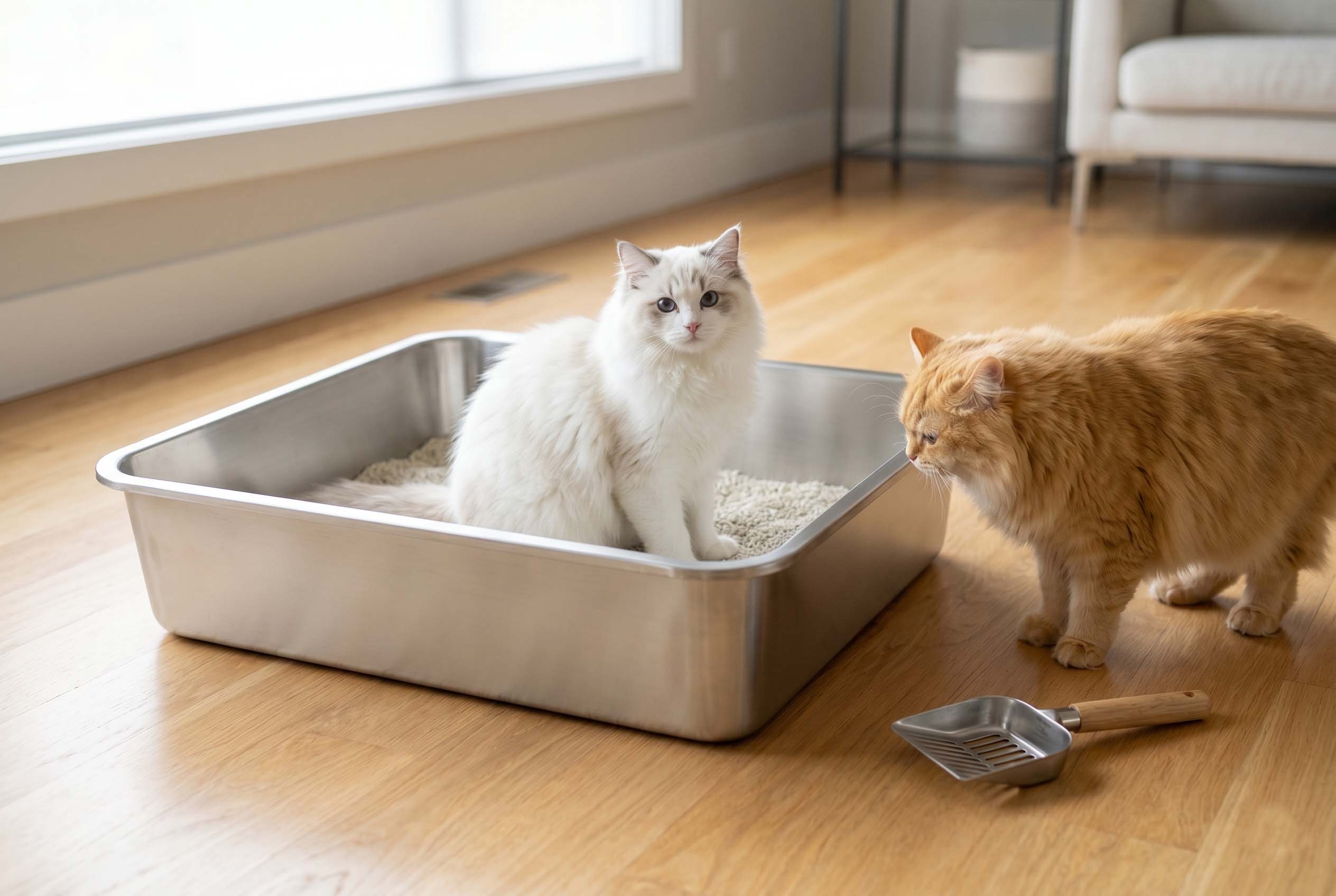 A low-angle photograph in a modern US home showing two fluffy cats, a white one inside and a yellow tab sniffing the side, using a brand new, XL stainless steel cat litter box on a polished wood floor.