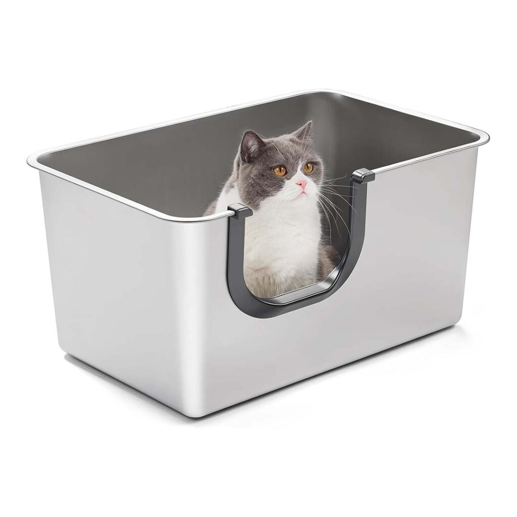 Kichwit extra large stainless steel cat litter box product image, showing the deep standard basin design with safe rounded edges and anti-slip feet on polished wood flooring.