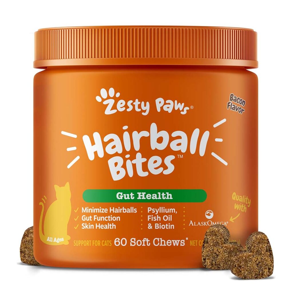 Zesty Paws Hairball Bites jar and soft chews, a recommended hairball relief solution for cat gut health in 2026.